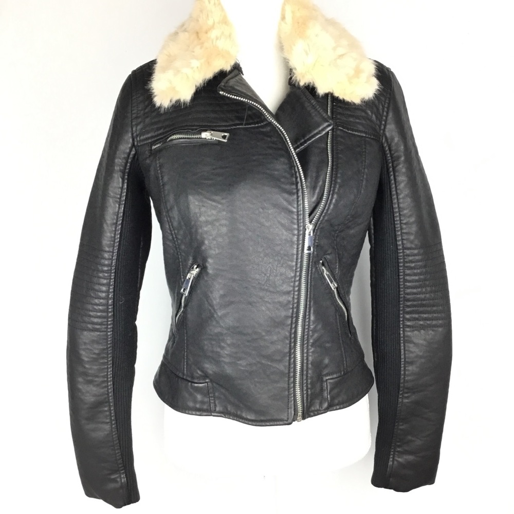 Zara Trafaluc Black Moto Jacket Faux Fur Collar S